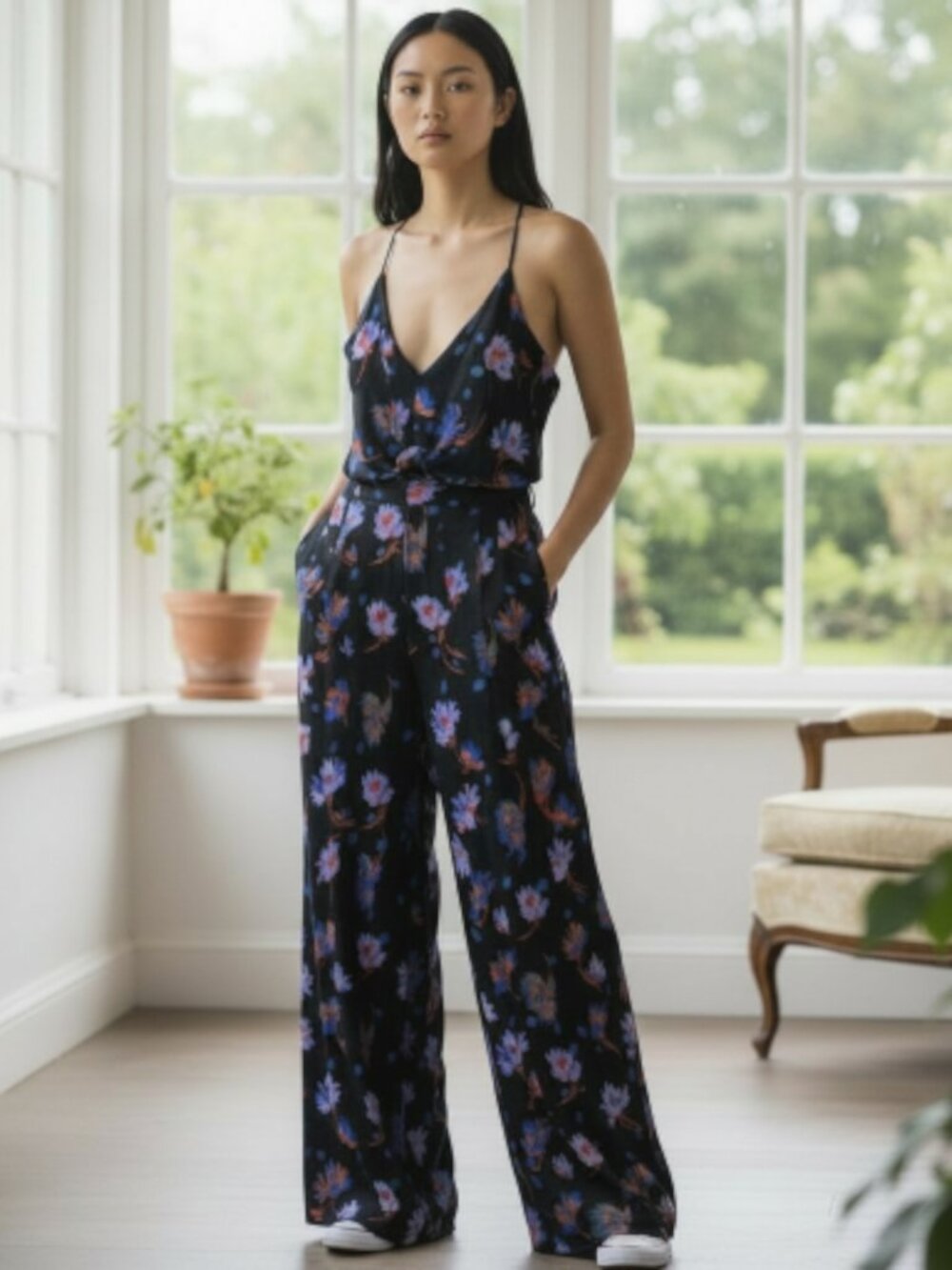 Anthropologie Moulinette Soeurs Willa Floral Jumpsuit Size S Black Wide Leg Tie